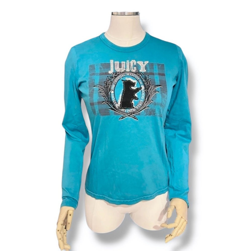 JUICY COUTURE Blue Crew Neck Long Sleeve Puppy "Official Mascot" Top VINTAGE Y2K